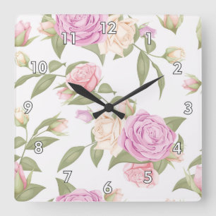 Reloj Cuadrado Dibujo floral rosado
