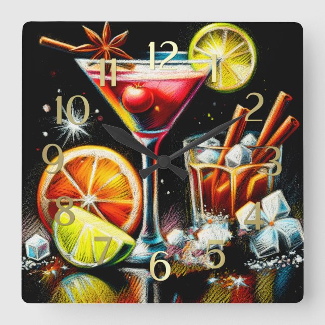 Reloj Cuadrado Dibujo Pastel Cóctel Rosa Citrus Slices Spices (Anverso)