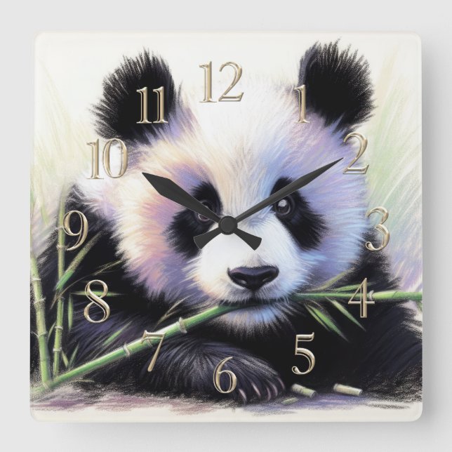 Reloj Cuadrado Dibujo Pastel de Panda Bear II (Anverso)