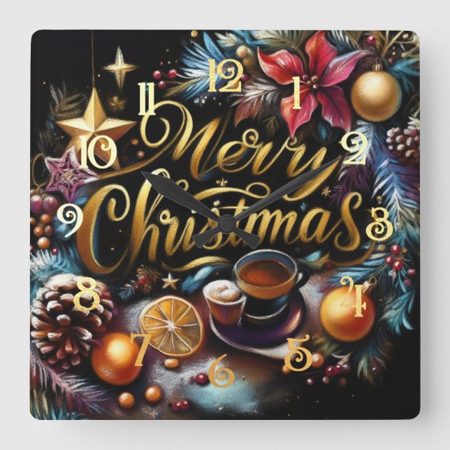 Reloj Cuadrado Dibujo pastel de un Navidad caprichoso (Anverso)