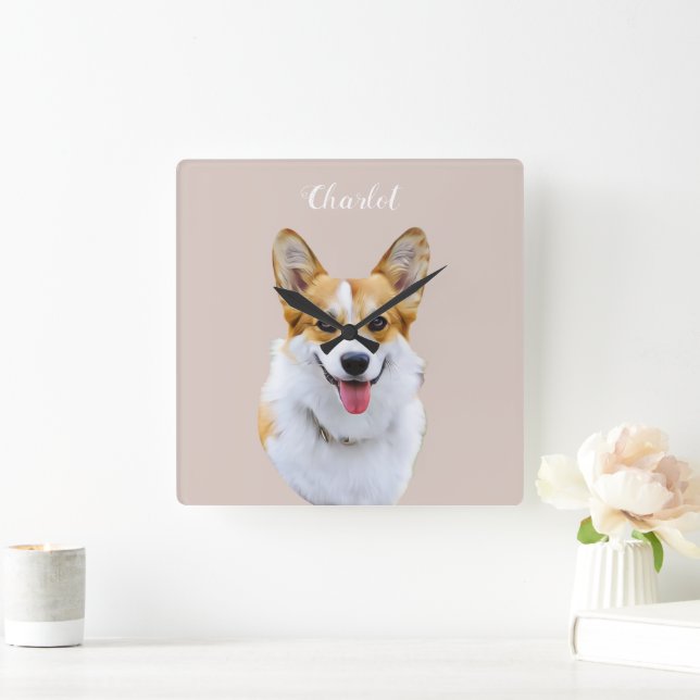 Reloj Cuadrado Dibujo personalizado del perro de Corgi galés pers (Hogar)