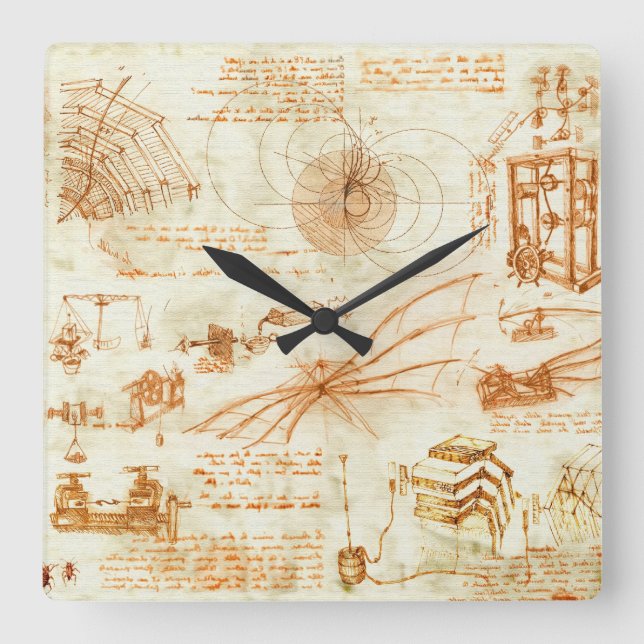 Reloj Cuadrado Dibujo técnico y bosquejos de Leonardo da Vinci (Anverso)