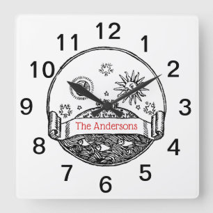 Reloj Cuadrado Dibujo vintage de la tierra planeta océano estrell