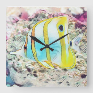 Reloj Cuadrado Dibujo vintage de peces azules amarillos en el mar