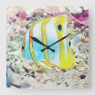 Reloj Cuadrado Dibujo vintage de peces azules de color amarillo e