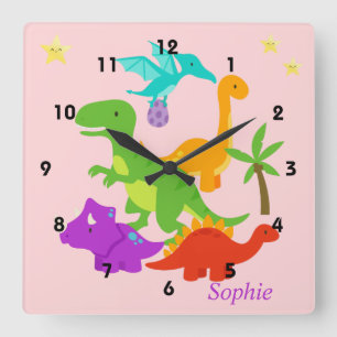 Reloj Cuadrado Dinosaurio Divertido Rosa Colorido