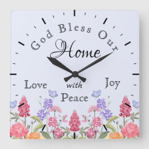 Reloj Cuadrado Dios bendiga a nuestro hogar Flores salvajes azul