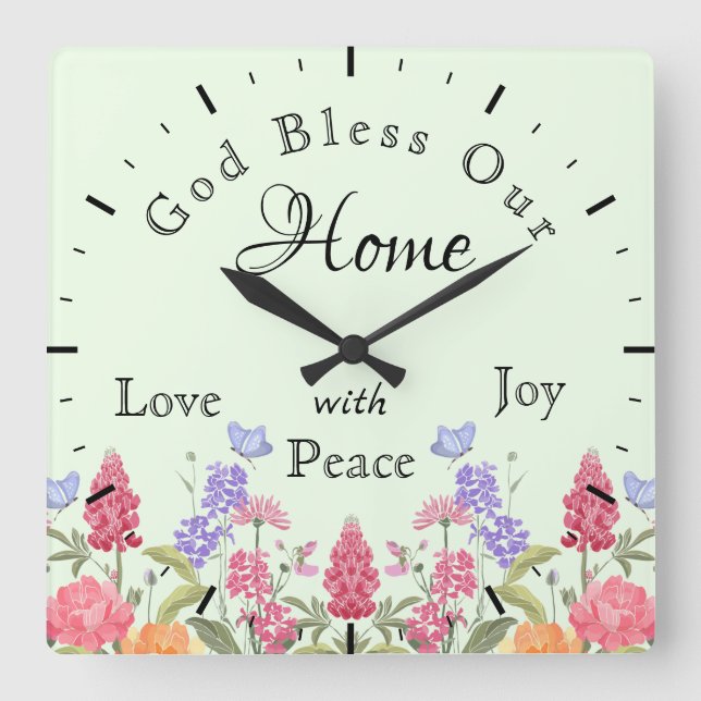 Reloj Cuadrado Dios bendiga a nuestro hogar Flores silvestres ver (Anverso)