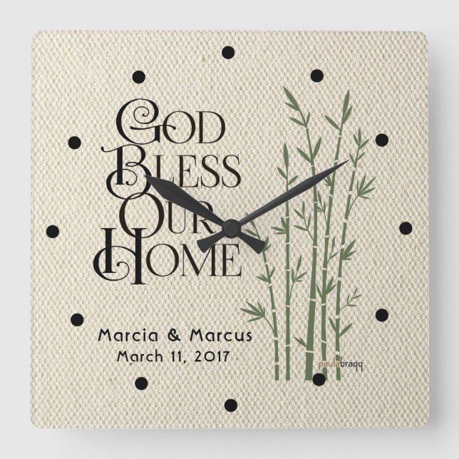 Reloj Cuadrado Dios bendiga nuestro hogar: Personalizado (Anverso)