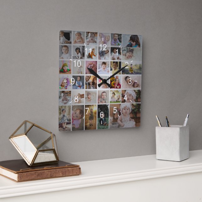 Reloj Cuadrado Diseñar su propio Collage de fotos de 35 (Oficina)