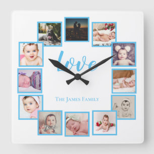 Reloj Cuadrado Diseñar un azul personalizado de 12 Collages de fo
