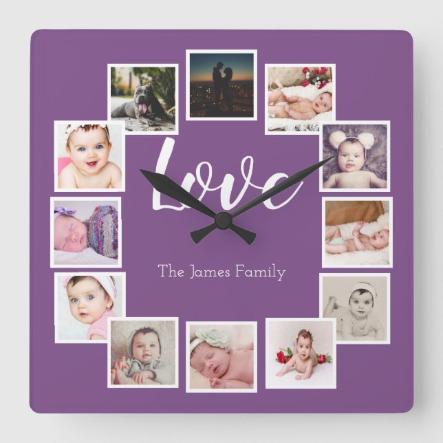 Reloj Cuadrado Diseñar un morado personalizado de 12 Collages de  (Anverso)