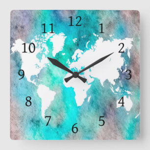 Reloj Cuadrado Diseño 62 mapa del mundo aqua turquesa