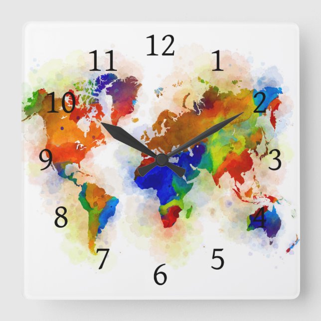 Reloj Cuadrado Diseño 77 mapa del mundo multicolor (Anverso)