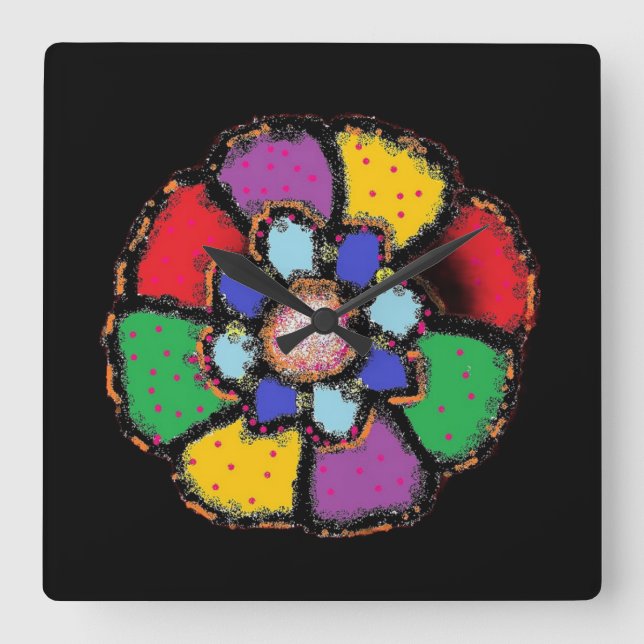 RELOJ CUADRADO DISEÑO ABSTRACTO DE FLORES DE PETAL BLCK BACKGROUN (Anverso)