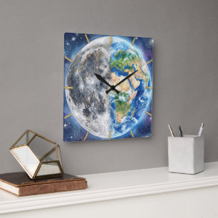Reloj Cuadrado Diseño Celestial de Galaxia de Acuarela de Tierra 