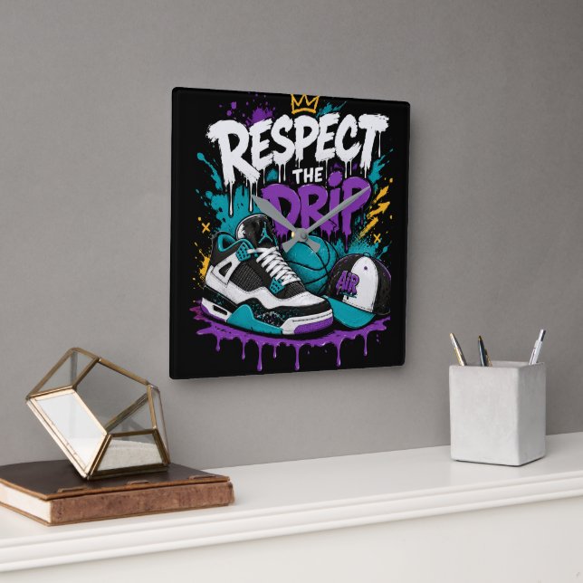 Reloj Cuadrado Diseño de Baloncesto Respect The Drip (Oficina)