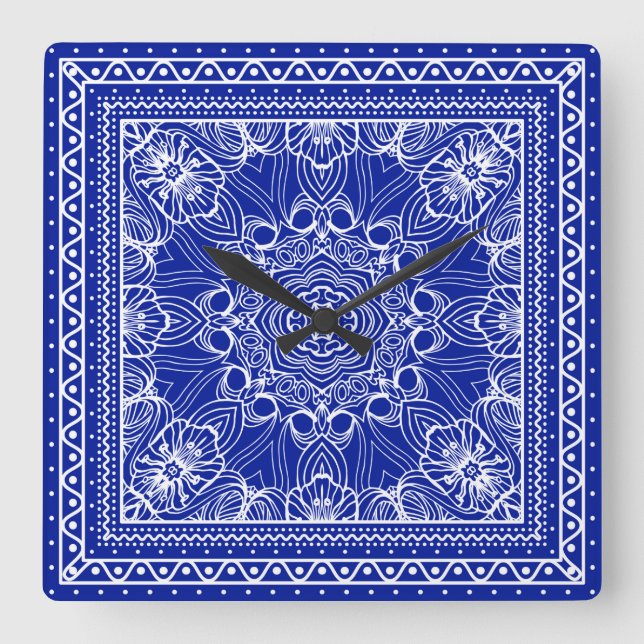 Reloj Cuadrado diseño de bandana azul y blanca (Anverso)