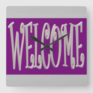 Reloj Cuadrado Diseño de bienvenida gris y morado con texto