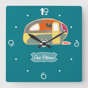 Reloj Cuadrado Diseño de caravana retro vintage azul turquesa