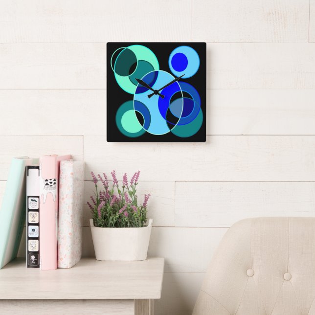 Reloj Cuadrado Diseño de círculos de intersección azul y verde (Sala de lectura)