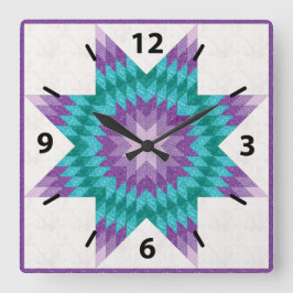 Reloj Cuadrado Diseño de colcha Lone Star púrpura y azul verdoso
