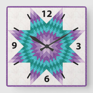 Reloj Cuadrado Diseño de colcha Lone Star púrpura y azul verdoso