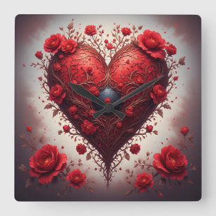 Reloj Cuadrado Diseño de corazón floral rojo con flores florecien