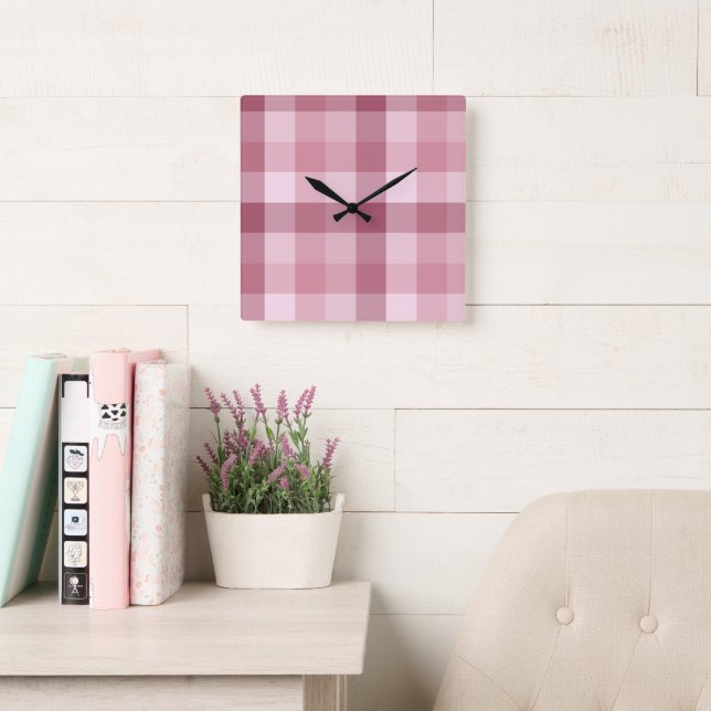 Reloj Cuadrado Diseño de Cuadro de Gingham Rosa (Sala de lectura)