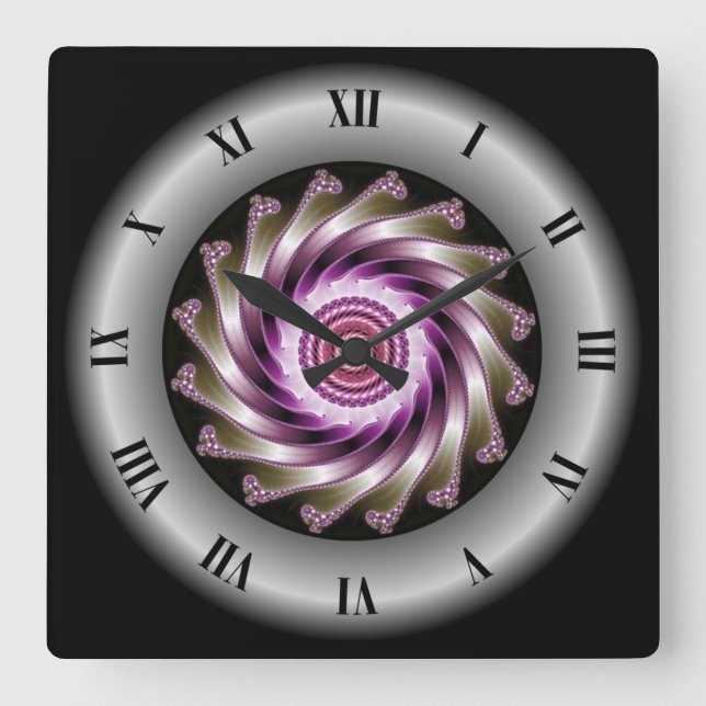 Reloj Cuadrado Diseño de espiral fractal gris morado ~ Mandelbrot (Anverso)