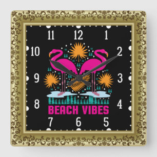 Reloj Cuadrado Diseño de Flamencos Rosas Beach Vibes