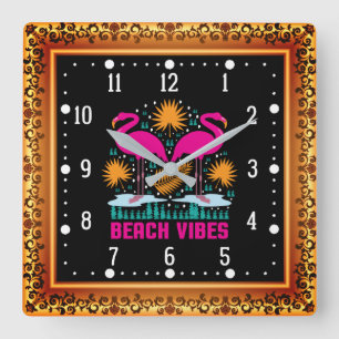 Reloj Cuadrado Diseño de Flamencos Rosas Beach Vibes