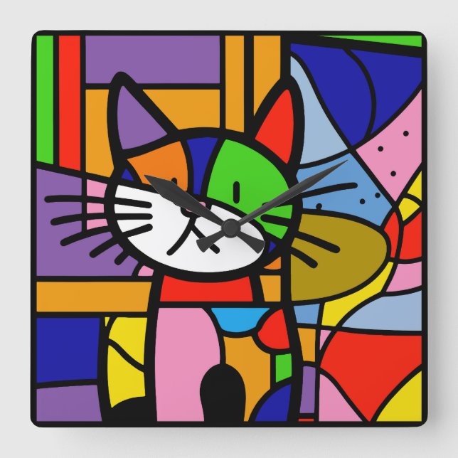 Reloj Cuadrado Diseño de gatos de arte pop vibrante y alegre (Anverso)