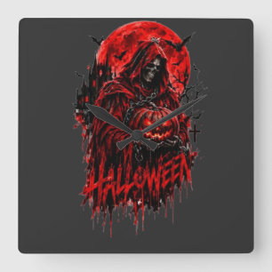 Reloj Cuadrado Diseño de Halloween de la Parca con Calabaza y Hor