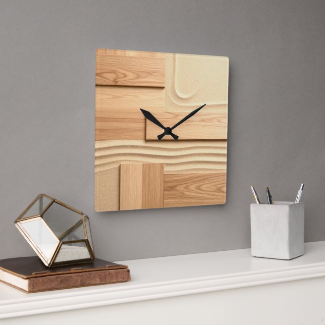 Reloj Cuadrado Diseño de madera geométrica sobre arena (Oficina)
