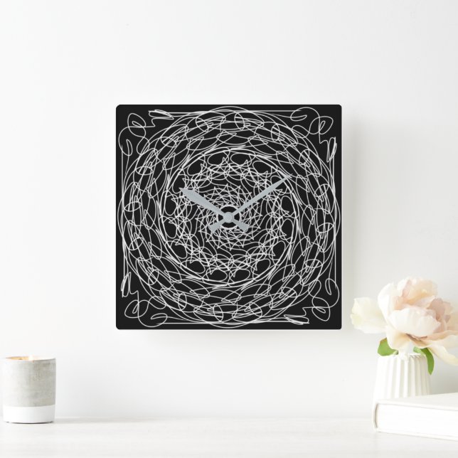 Reloj Cuadrado Diseño de mandala en blanco y negro (Hogar)