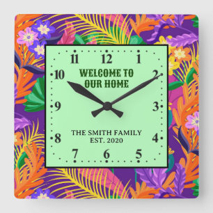 Reloj Cuadrado Diseño de patrón floral exótico colorido
