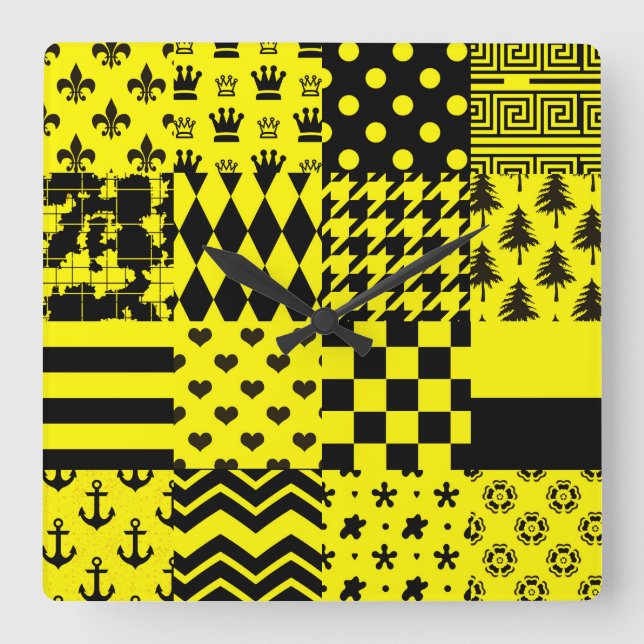 Reloj Cuadrado Diseño de patrones mixtos amarillos negros (Anverso)