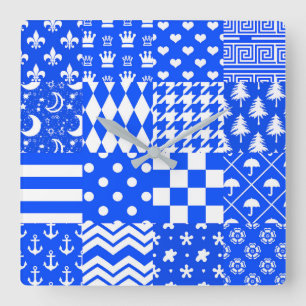 Reloj Cuadrado Diseño de patrones mixtos azul blanco