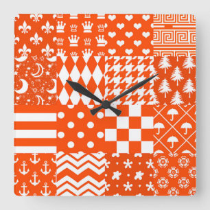Reloj Cuadrado Diseño de patrones mixtos de color blanco naranja