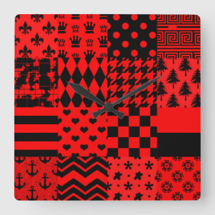 Reloj Cuadrado Diseño de patrones mixtos rojos y negros