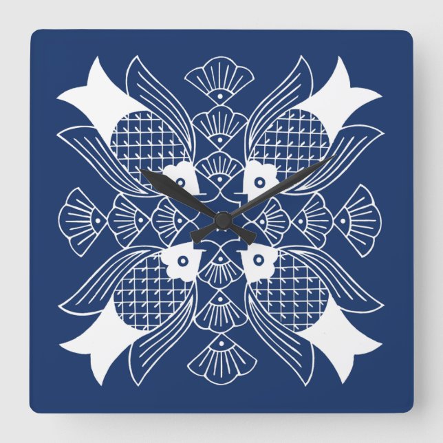 Reloj Cuadrado Diseño de peces subacuáticos con fondo azul (Anverso)