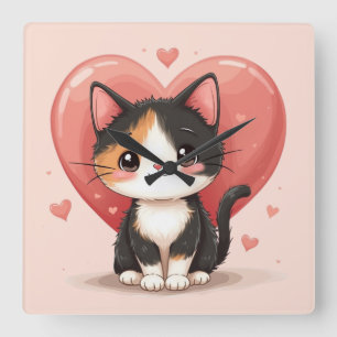 Reloj Cuadrado Diseño de San Valentín de corazón de gato calico K