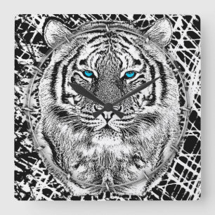 Reloj Cuadrado Diseño de tigre de ojos azules negros y blancos