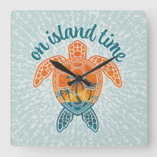 Reloj Cuadrado Diseño de Tortuga Marina al Atardecer Tropical en