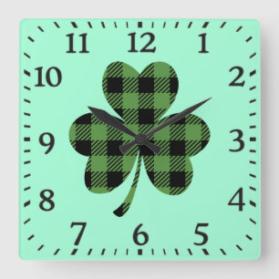 Reloj Cuadrado Diseño de trébol de shamrock de cuadros de búfalo 
