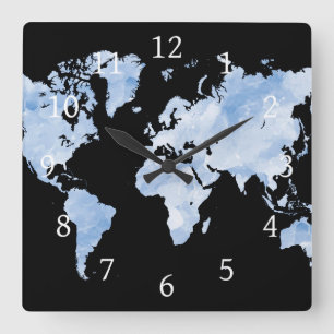 Reloj Cuadrado Diseño del mapa azul del mundo negro 75