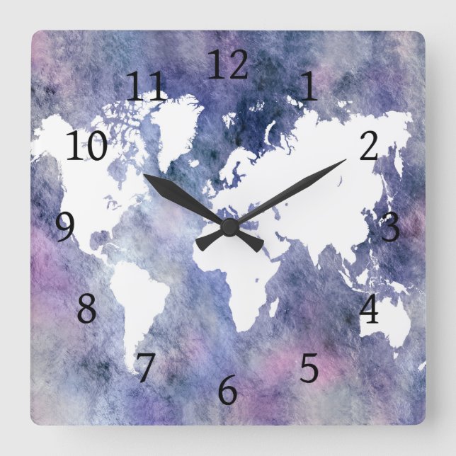 Reloj Cuadrado Diseño del mapa del mundo rosa azul 65 (Anverso)