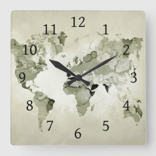 Reloj Cuadrado Diseño del mapa del mundo verde claro 123