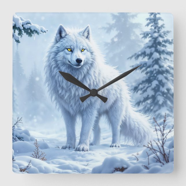 Reloj Cuadrado Diseño del paisaje del lobo blanco ártico (Anverso)